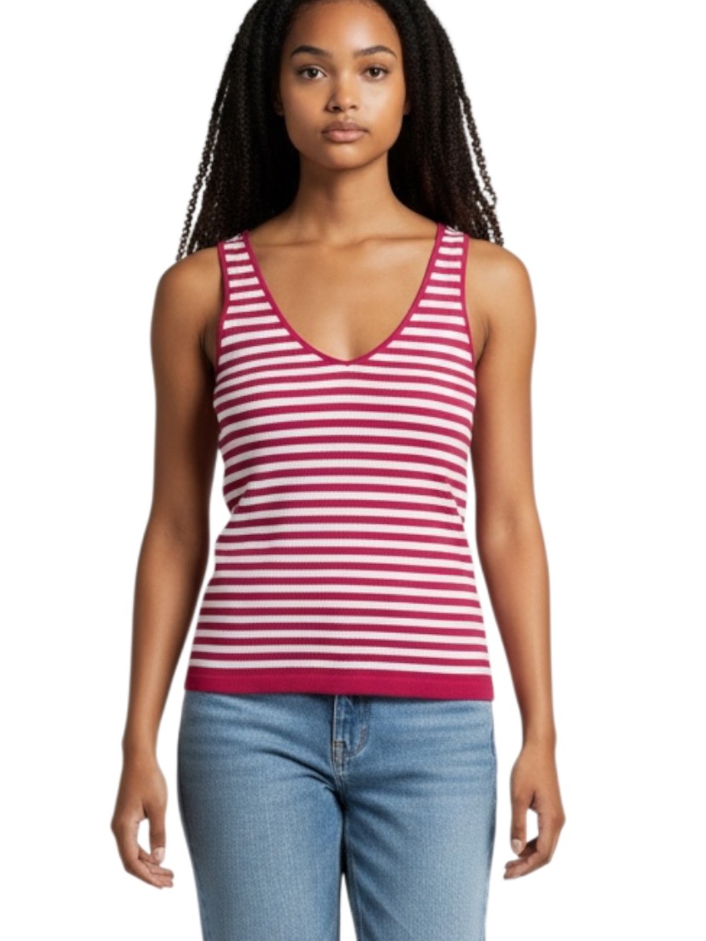 Sleeveless V-Neck Striped Tank Top in Pink and White